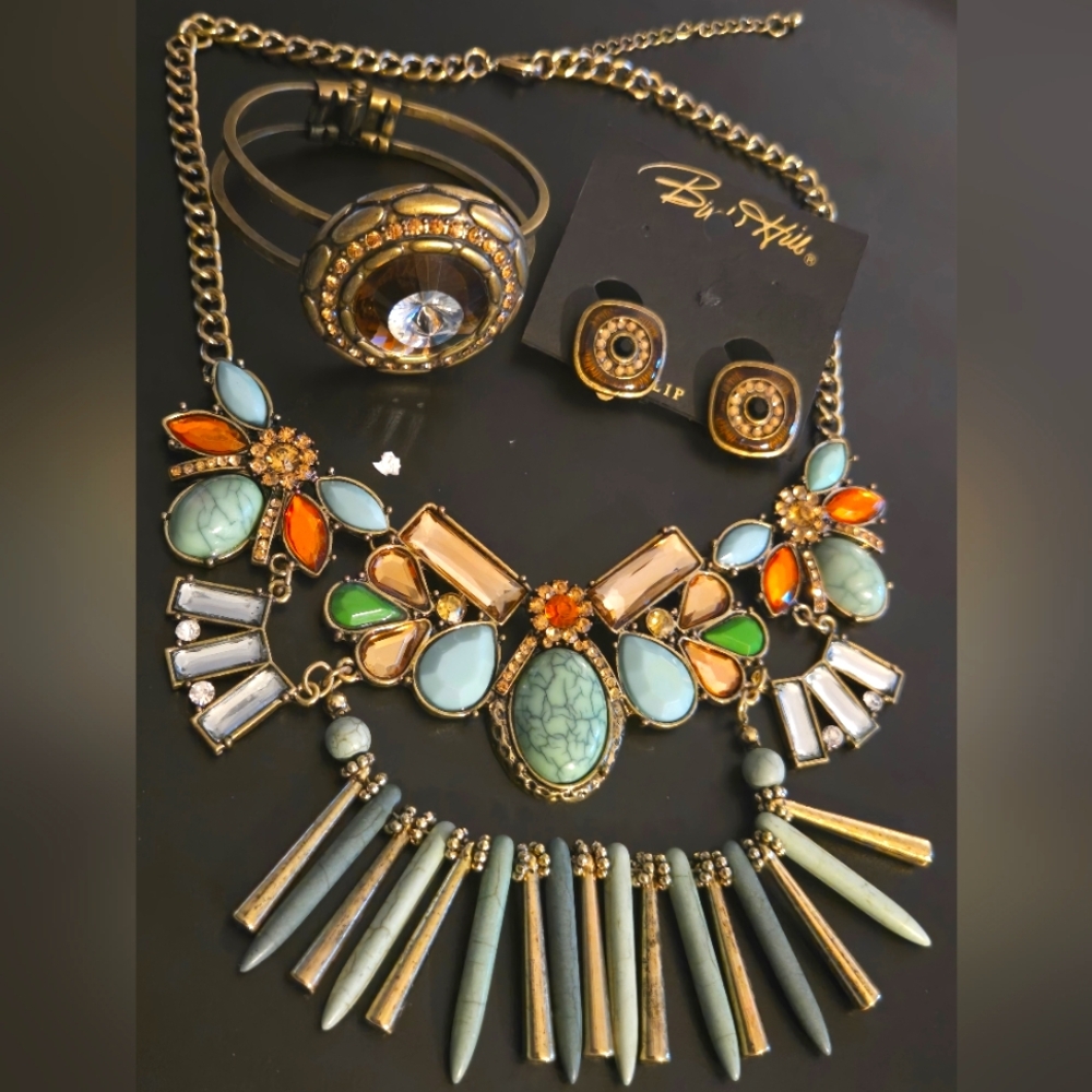 Bohemian Multicolor Antique Tone Statement Necklace Bracelet And Earrings Bundle